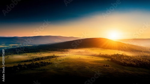 Serene Sunrise Over Rolling Hills and Lush Green Valley in Vibrant Natural Landscape Scene