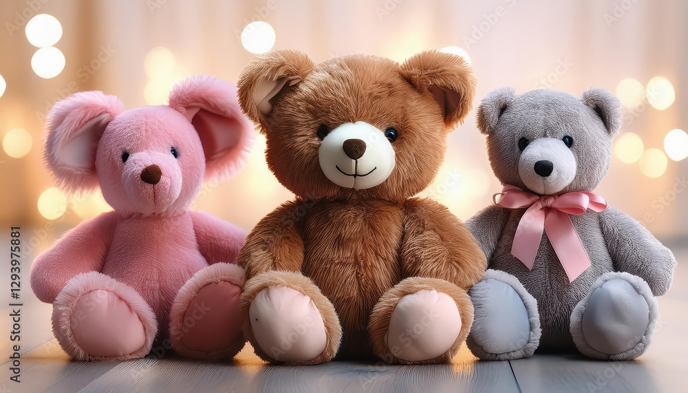Cozy Corner Three Adorable Stuffed Animals A Brown Bear, Pink Bear, and Gray Elephant in a Warm Den, Radiating Comfort and Joy. Cozy Corner Three Adorable Stuffed Animals A Brown Bear, Pink Bear, and Gray Elephant in a Warm Den, Radiating Comfort and Joy.