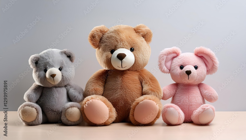Adorable Stuffed Animal Trio Warmth Personified A Brown Bear, Pink Bear, and Gray Elephant, Basking in a Cozy Corner. Adorable Stuffed Animal Trio Warmth Personified A Brown Bear, Pink Bear, and Gray Elephant, Basking in a Cozy Corner.