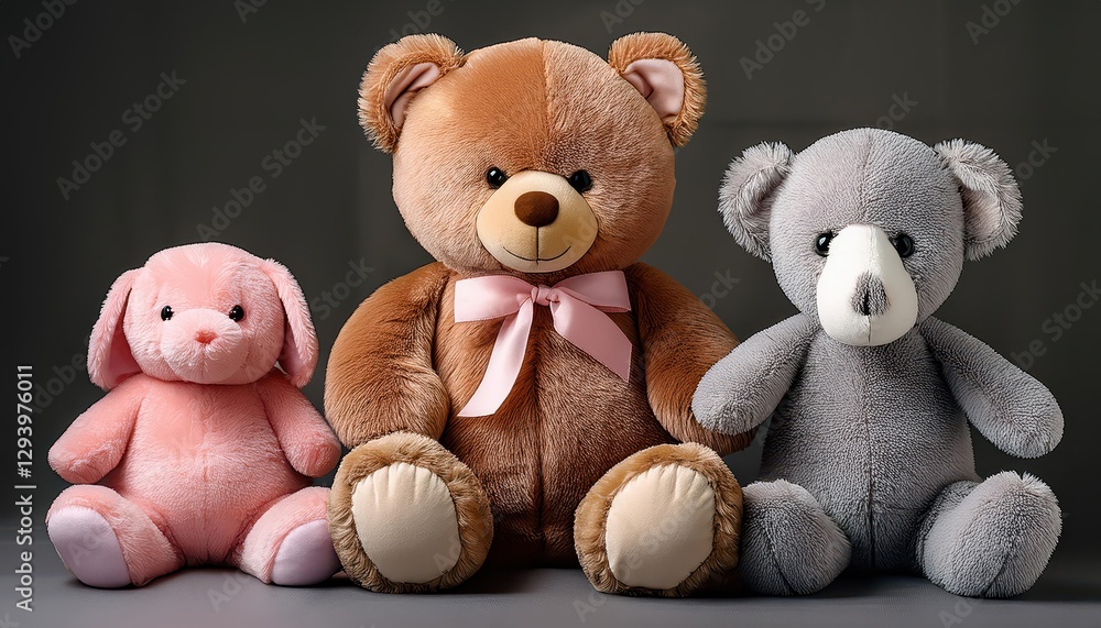 Cozy Corner of Cute Brown Bear, Pink Bear, and Gray Elephant Playful Stuffed Animals Snuggled Together, Creating a Warm, Emotional Connection in a Whimsical Dreamland. Cozy Corner of Cute Brown Bear, Pink Bear, and Gray Elephant Playful Stuffed Animals Snuggled Together, Creating a Warm, Emotional Connection in a Whimsical Dreamland.