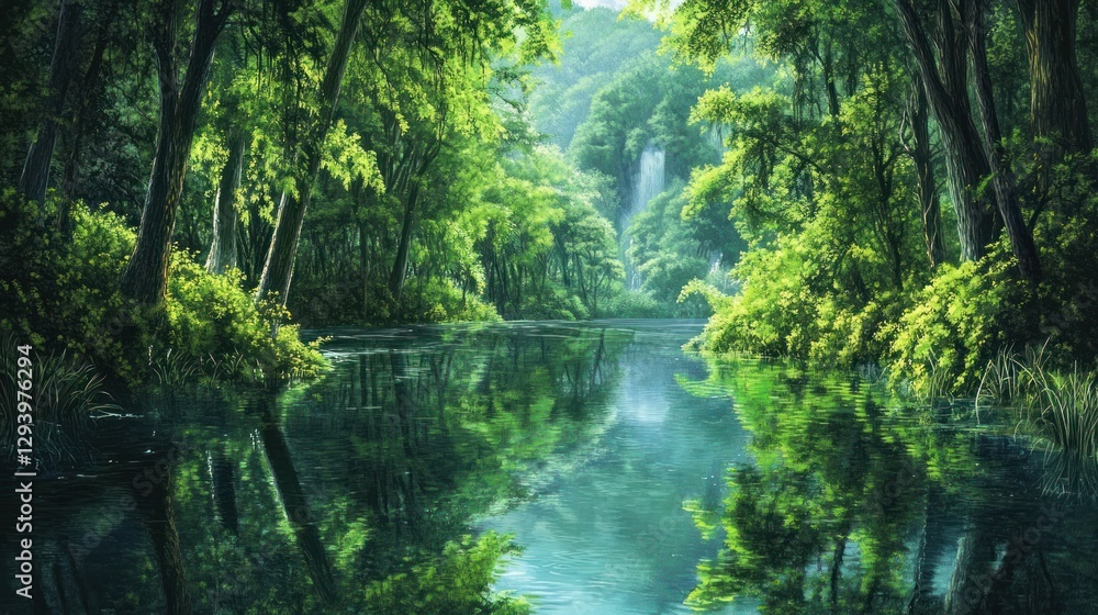 Lush Forest Stream with Reflections and a Distant Waterfall Lush Forest Stream with Reflections and a Distant Waterfall