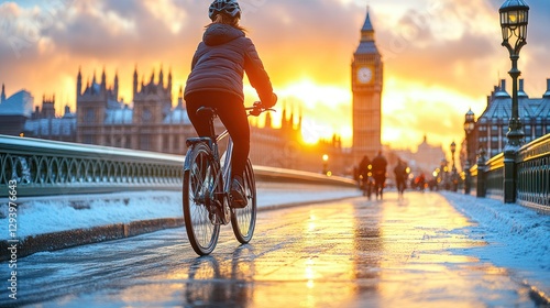 Woman cycling on snowy bridge at sunset with Big Ben in background.