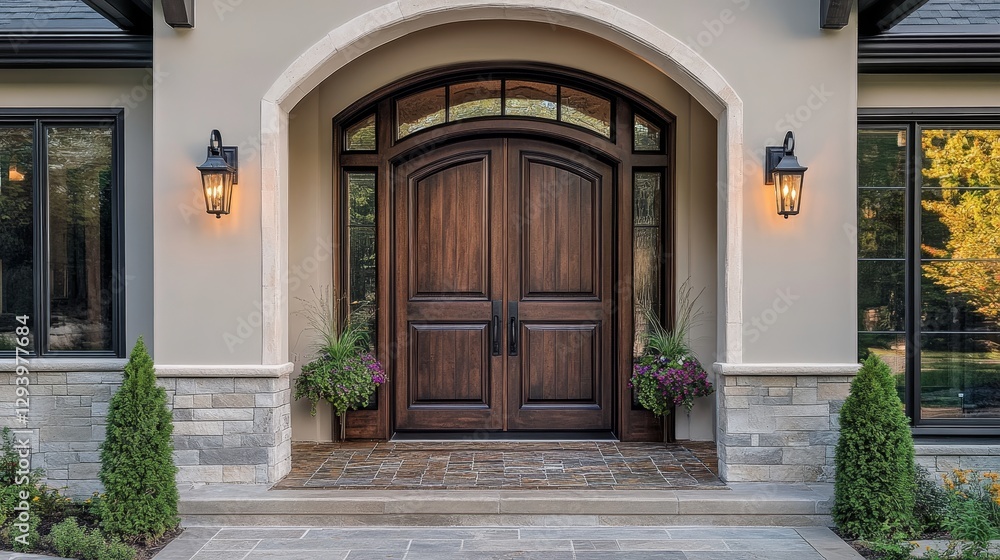 Exquisite Entrance to a Modern Home with a Grand Wooden Door Exquisite Entrance to a Modern Home with a Grand Wooden Door