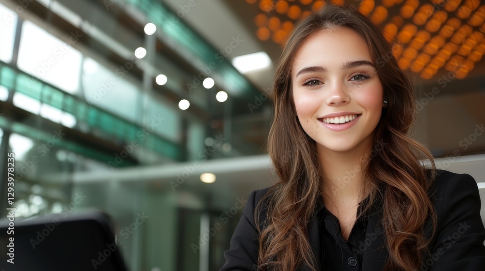 Obraz premium Confident Young Woman in Business Attire Smiling at Camera in Modern Office Setting with Warm Lighting