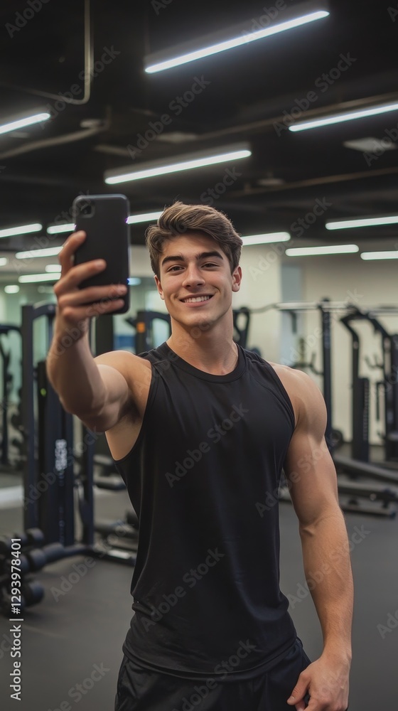 Handsome Fitness Model Taking a Selfie in the Gym Handsome Fitness Model Taking a Selfie in the Gym