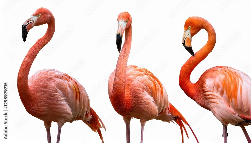 Obraz premium Three Vibrant Pink Flamingos Standing Alone in an Ethereal Scene, their Feathers Glowing Softly against a Backdrop of Translucent White, Capturing the Essence of a Tranquil and Exotic Island