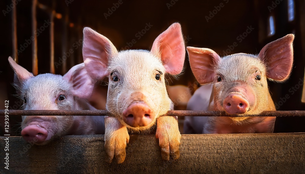 Three Playful Piglets Confined in a Barnyard Sanctuary at Twilight, Evoking Warmth and Serenity Amidst the Rustic Elegance. Three Playful Piglets Confined in a Barnyard Sanctuary at Twilight, Evoking Warmth and Serenity Amidst the Rustic Elegance.