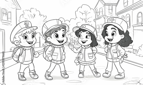 Children Walking to School on a Residential Street Black and White