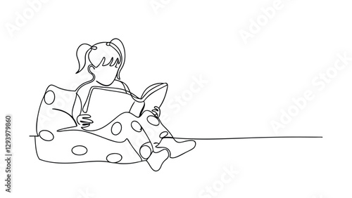 Singleline drawing of a girl in polkadot pajamas comfortably seated on a beanbag chair, engrossed in reading a book. Simple, cozy scene.