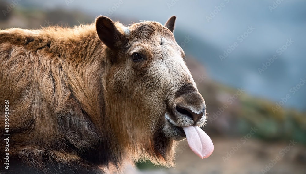 Vivid Closeup of a Tibetan Takin Showing Her Tongue Majestic Wildlife Portrait from the Roof of the World, Capturing the Unique Beauty and Strength of this Endangered Species in High Definition. Vivid Closeup of a Tibetan Takin Showing Her Tongue Majestic Wildlife Portrait from the Roof of the World, Capturing the Unique Beauty and Strength of this Endangered Species in High Definition.