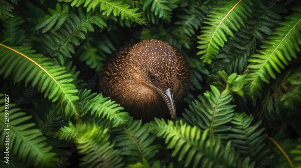 Obraz premium A bird's-eye view of a kiwi bird in its natural habitat, surrounded by lush foliage in New Zealand's wilderness.