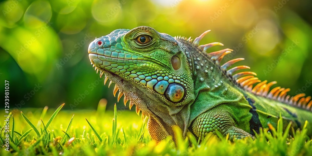 Obraz premium Green Iguana Resting on Lush Grass, Tropical Lizard in Natural Habitat