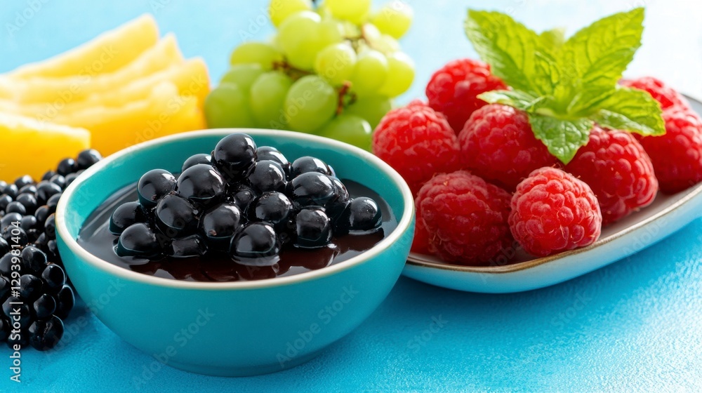 Close up view of assorted fresh berries and fruits, including blueberries, raspberries, green grapes, and yellow melon slices, artfully arranged on a Close up view of assorted fresh berries and fruits, including blueberries, raspberries, green grapes, and yellow melon slices, artfully arranged on a