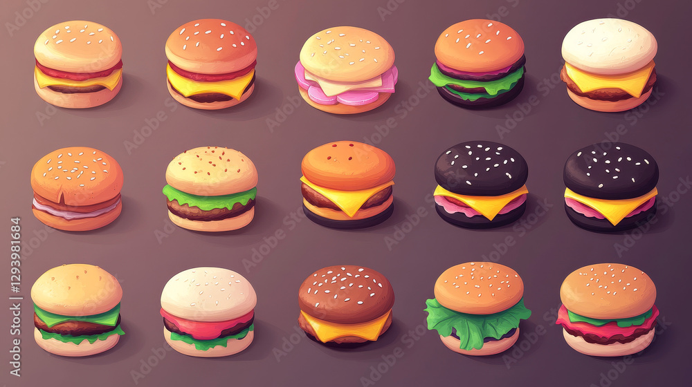 Set of colorful cartoon fast food icons isolated restaurant tasty american cheeseburger meat and unhealthy burger meal vector illustration. Set of colorful cartoon fast food icons isolated restaurant tasty american cheeseburger meat and unhealthy burger meal vector illustration.