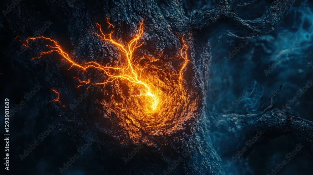 Fototapeta premium Fiery orange and yellow lightning bolt glows on a dark, textured backdrop, radiating vibrant energy and mystery from its luminous core