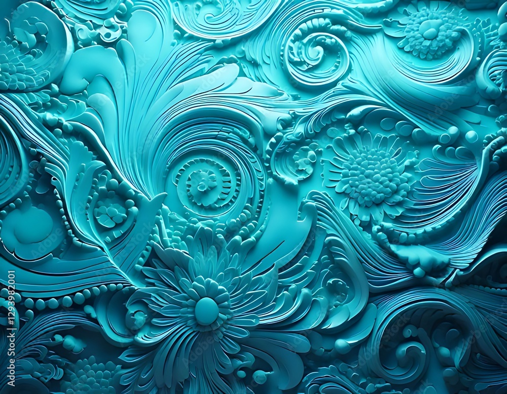 Intricate turquoise floral patterns and swirling designs create a rich textured composition. Intricate turquoise floral patterns and swirling designs create a rich textured composition.