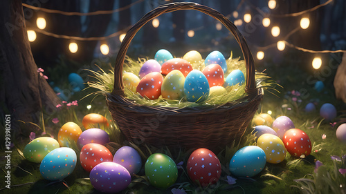 Easter basket with colorful eggs, enchanting mood, illuminated by string lights in a forest