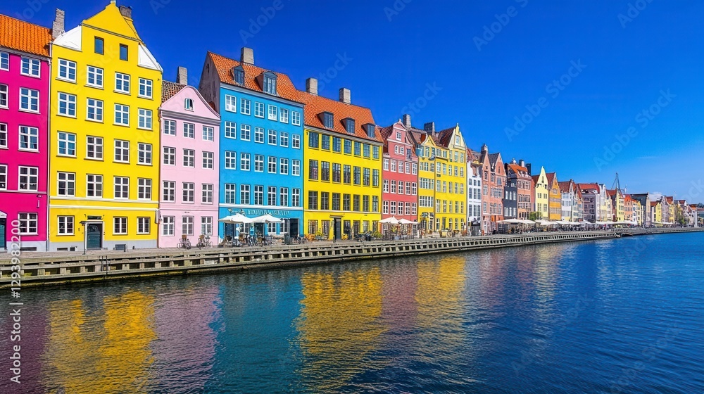 Obraz premium Vibrant colorful buildings line a calm canal, reflecting in the clear water under a bright blue sky. A sunny day scene in a European city