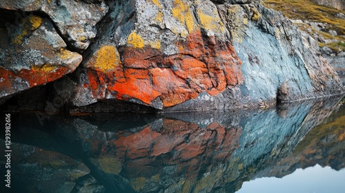 A majestic layered rock emerges from tranquil waters, cloaked in hues of gray, brown, orange, and yellow lichen—a mesmerizing natural tapestry photo