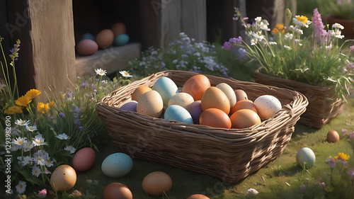 Easter basket with pastel eggs, serene mood, placed in a meadow with wildflowers