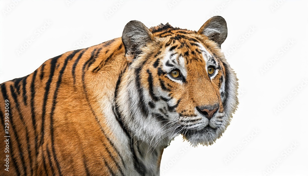 Fototapeta premium Vivid Striped Majesty A Solitary Tiger Frozen in MidStare Against a Translucent Backdrop, Embodying Power and Grace with Its Vibrant Fur and Intense Eyes, Perfect for Digital Art, Home Decor, or