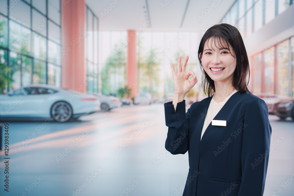 Fototapeta premium カーディーラーで接客をする若い女性