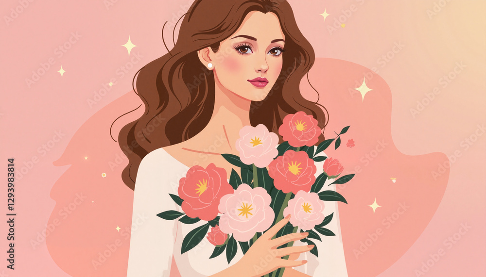 Stylish woman holding peony bouquet on soft pink background, elegance Stylish woman holding peony bouquet on soft pink background, elegance