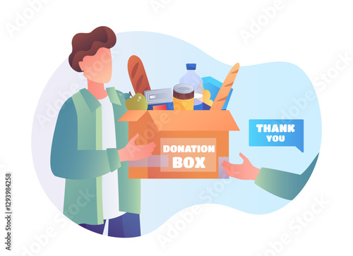 Person handing over a donation box with food items. Flat graphic style on white background. Concept of charity and food donation. Vector illustration