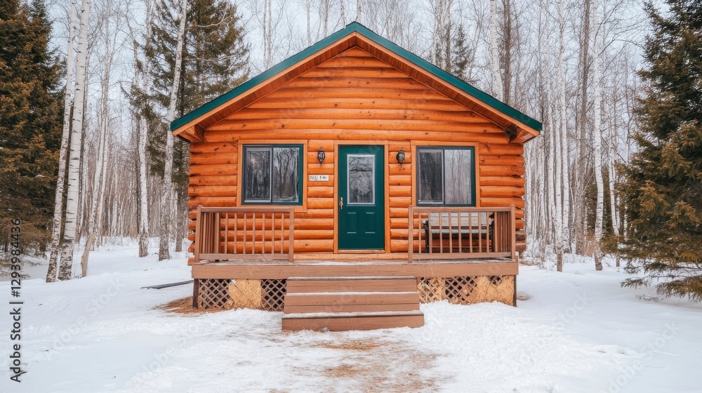 Cozy wooden cabin nestled in a snowy winter forest. Brown log exterior, green door, wooden porch, and steps leading to the entrance. Snow covers the Cozy wooden cabin nestled in a snowy winter forest. Brown log exterior, green door, wooden porch, and steps leading to the entrance. Snow covers the
