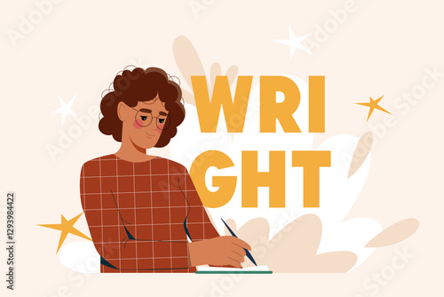 Woman writing in notebook, flat style, light background. Concept of creativity, education, writing. Vector illustration