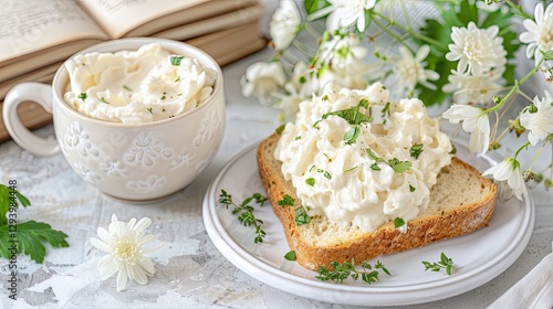 A cup of steaming coffee, half brimful with milk and the aroma of herbs on top