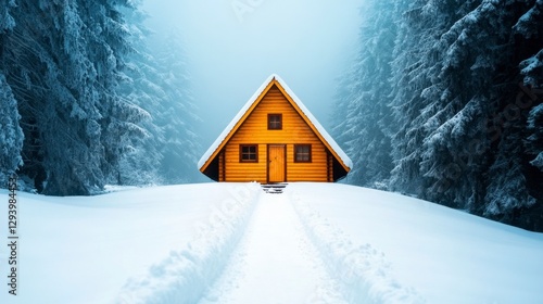 Wallpaper Mural A cozy wooden cabin nestled in a snowy forest, a path leads to its entrance. The scene is tranquil and peaceful, bathed in soft, diffused light Torontodigital.ca
