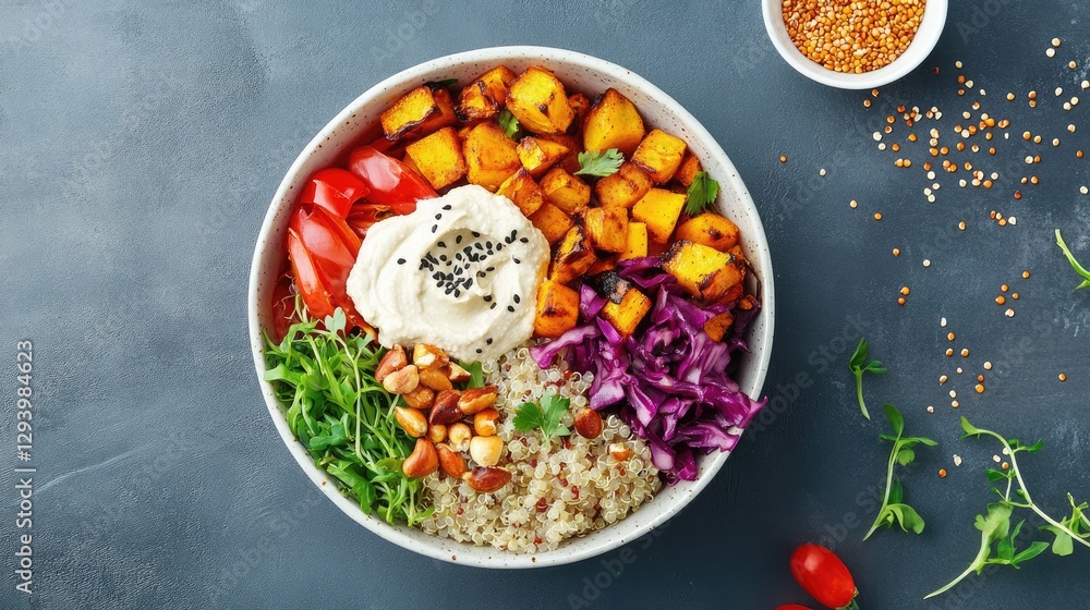 A nutritious grain bowl filled with quinoa, roasted veggies, and a dollop of hummus, viewed from the top. A nutritious grain bowl filled with quinoa, roasted veggies, and a dollop of hummus, viewed from the top.