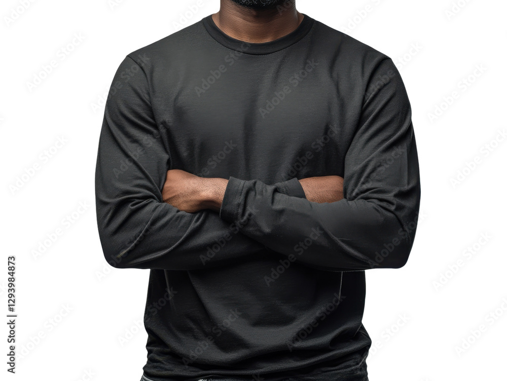 Black long sleeve shirt worn by person with crossed arms, conveying confidence and style Black long sleeve shirt worn by person with crossed arms, conveying confidence and style