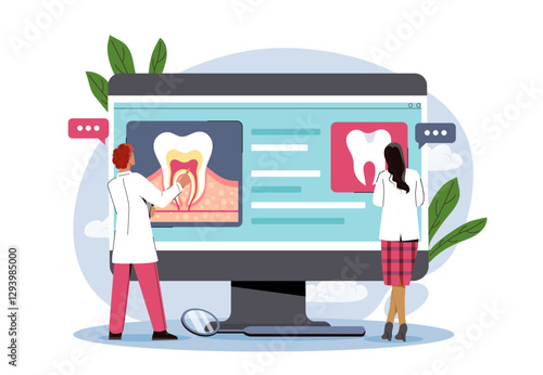Two dentists examining tooth anatomy on a computer screen. Flat style on a white background. Concept of digital dentistry. Vector illustration