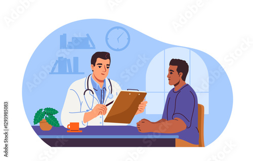 Doctor discussing with patient in clinic, flat style, on blue background. Concept of medical consultation. Vector illustration