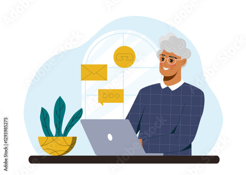 Elderly man using laptop with email, call, and chat icons. Flat graphic style on light blue background. Concept of senior digital communication. Vector illustration