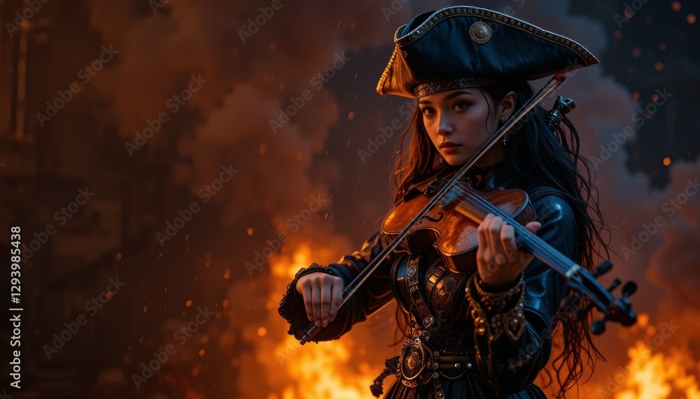 Obraz premium Fearless Pirate Girl Playing Violin Amidst Smoke and Flames