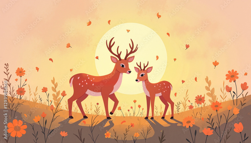 Naklejka premium Gentle mother and baby deer in wildflower meadow, harmony of nature
