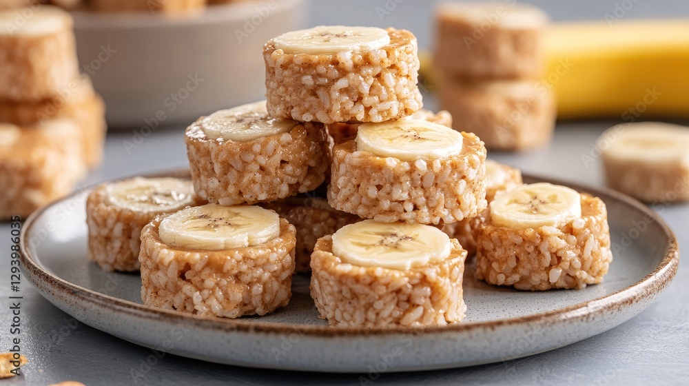 A plate of crunchy rice cakes stacked with peanut butter and banana slices. A plate of crunchy rice cakes stacked with peanut butter and banana slices.
