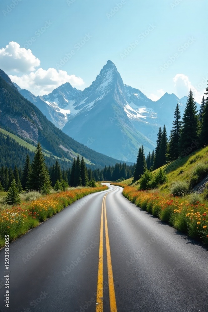 Asphalt Ribbon Unwinding Towards Majestic Peaks, Flanked by Vibrant Wildflowers and Verdant Coniferous Forests Under a Clear Sky Asphalt Ribbon Unwinding Towards Majestic Peaks, Flanked by Vibrant Wildflowers and Verdant Coniferous Forests Under a Clear Sky