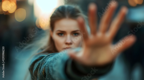 una mujer haciendo una señal de alto con la palma de su mano alto a la violencia y la falta de seguridad luchando por los derechos de las mujeres dia internacional de la mujer