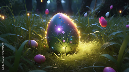 Hidden Easter egg in grass, magical mood, glowing with lights and flowers in a mystical forest