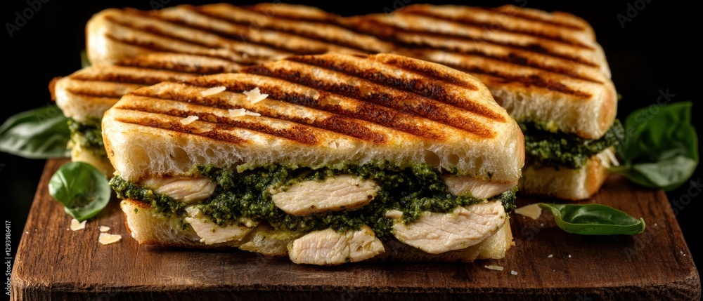 Delicious panini sandwich with chicken and pesto sauce on wooden board capturing culinary delight and appetizing presentation in studio setting