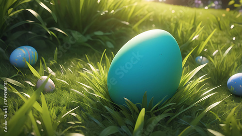 Hidden Easter egg in grass, vibrant mood, nestled amongst colorful eggs in a sunny meadow