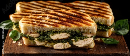 Obraz na płótnie Delicious panini sandwich with chicken and pesto sauce on wooden board capturing culinary delight and appetizing presentation in studio setting w salonie