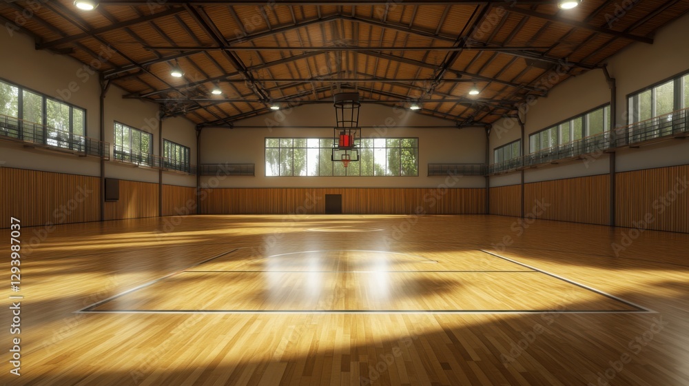 The Serene Sanctuary of Sport: An Empty Indoor Basketball Court Bathed in Natural Light, Where Wooden Floors Gleam and Windows Frame the Tranquil Outdoors The Serene Sanctuary of Sport: An Empty Indoor Basketball Court Bathed in Natural Light, Where Wooden Floors Gleam and Windows Frame the Tranquil Outdoors