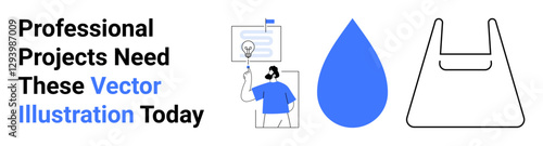 Man presenting an idea on a board, water droplet icon, and reusable bag outline. Ideal for sustainability, education, innovation, eco-design, minimalism, presentations flat landing page banner