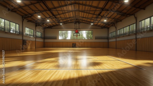 The Serene Sanctuary of Sport: An Empty Indoor Basketball Court Bathed in Natural Light, Where Wooden Floors Gleam and Windows Frame the Tranquil Outdoors