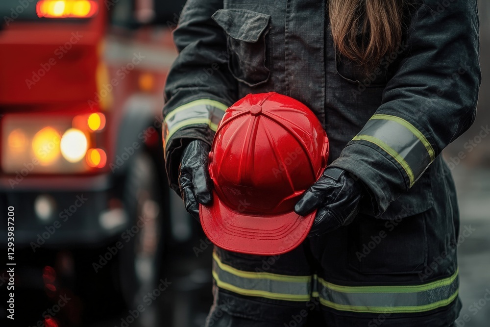 Holds red hat in hands. Female firefighter in protective uniform standing near truck Holds red hat in hands. Female firefighter in protective uniform standing near truck